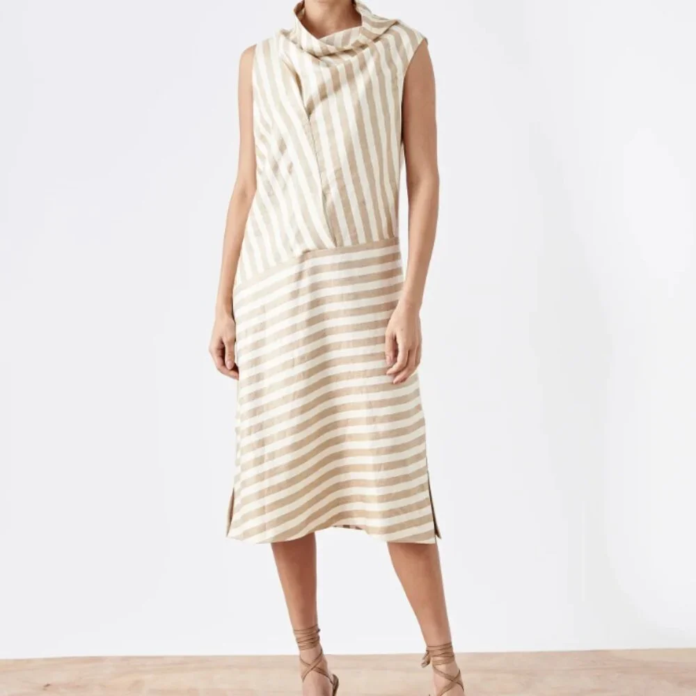 Zero + Maria Cornejo Sleeveless Stripe Folded High-Neck Dress Size 12